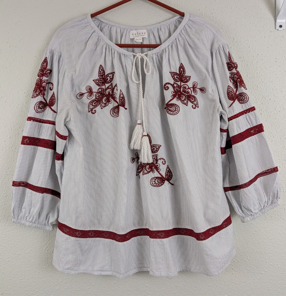 Velvet By Graham & Spencer sz L Blouse embroidered floral design pinstripes 0707